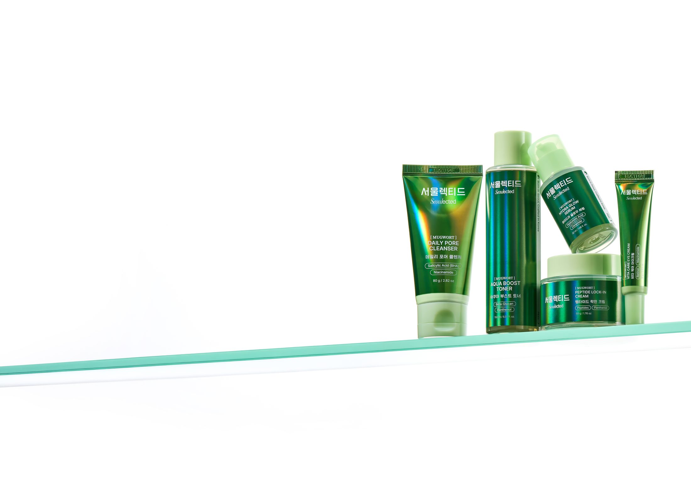Seoulected — five products on a glass shelf
